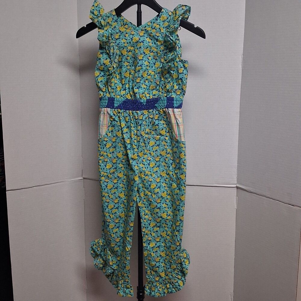 Wild Flowers Floral Romper Girls Size 8 Green With Yellow Flowers Ruffles